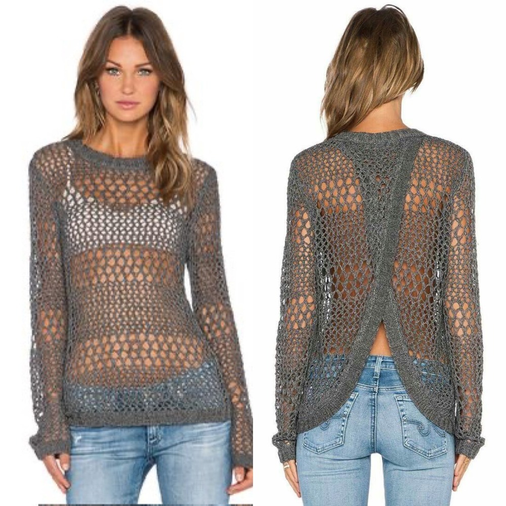 LA Made Charcoal Gray Open Fishnet Knit Sweater Cross Over‎ Split Back Top L